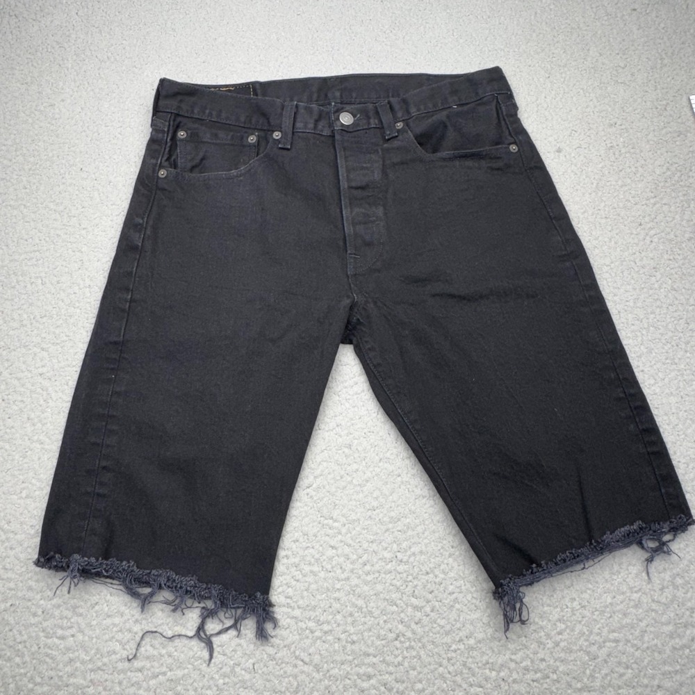Levis 501 Cut Off Shorts Jorts Mens 32 Black Denim Bermuda Button Fly Raw Hem